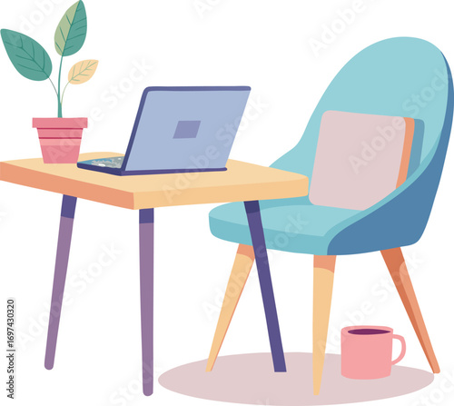 Minimalist illustration of a desk with laptop plant and chair vector