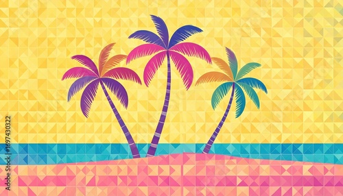 Vibrant Geometric Palm Trees on a Colorful Mosaic Tropical Beach.