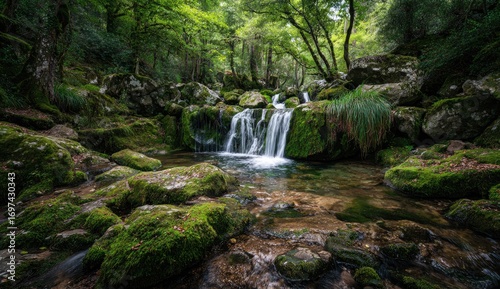Lush forest stream cascades over mossy rocks