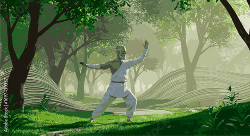 An ancient master in a white gi practices a graceful martial art pose in a surreal, stylized green forest, embodying tranquility and balance