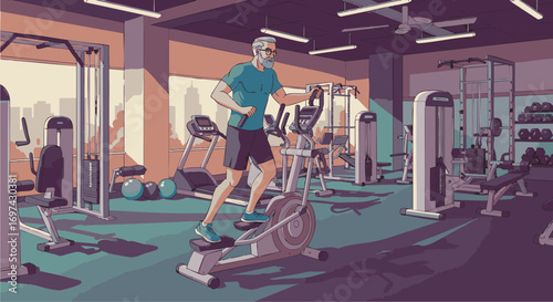 A vibrant senior man embraces a healthy future, working out on an elliptical trainer in a modern urban gym. Active aging and wellness concept