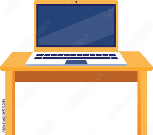 Orange desk with blue screen laptop and keyboard flat illustration vector