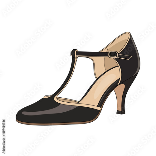 A classic black patent leather T-strap high-heeled shoe with beige trim, isolated on a white background.
