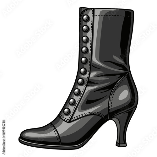 Detailed illustration of a vintage black Victorian button-up boot with a pointed toe and a heel, isolated on white.