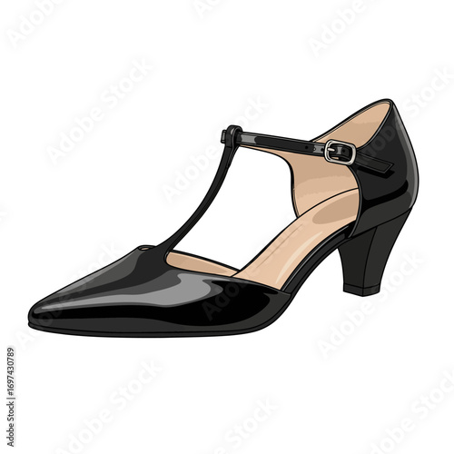 Black patent leather T-strap women's heels.