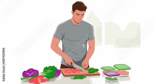 Young man preparing healthy meals, chopping fresh vegetables on a wooden cutting board for his weekly diet plan. Vector illustration