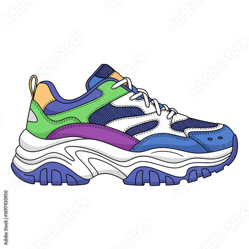 Colorful athletic shoe with a chunky sole, featuring a mix of vibrant colors and a modern design.