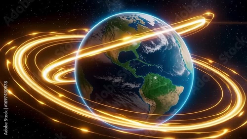 Earth protected by glowing energy shields in space, representing global security and connectivity