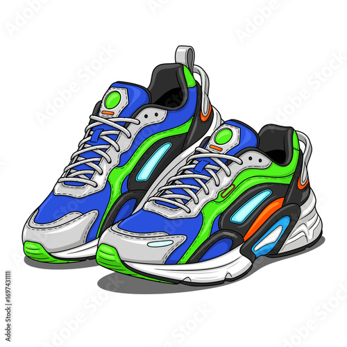 Pair of colorful, stylish running shoes with a bold design.