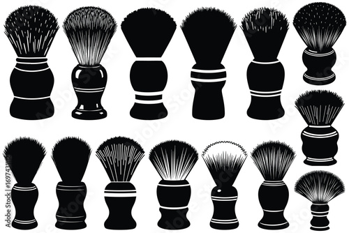 Collection of black shaving brushes with varied bristles and handles