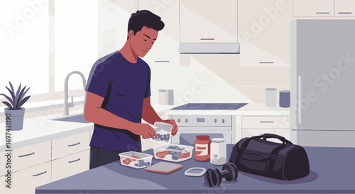 Young man carefully preparing healthy meal portions in his modern kitchen, demonstrating a commitment to fitness, nutrition, and a balanced lifestyle