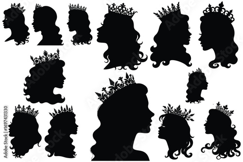 Collection of black silhouettes of women wearing ornate crowns