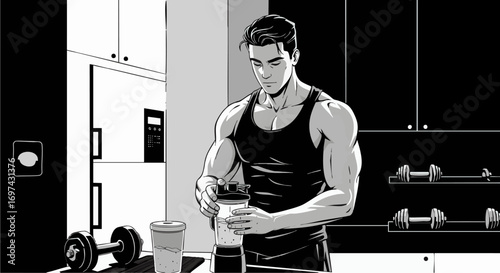 Muscular Man Preparing Protein Shake in Home Gym