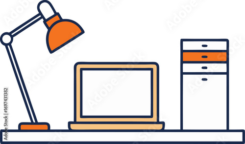 Thin line style desk lamp laptop and filing cabinet illustration office supplies workspace