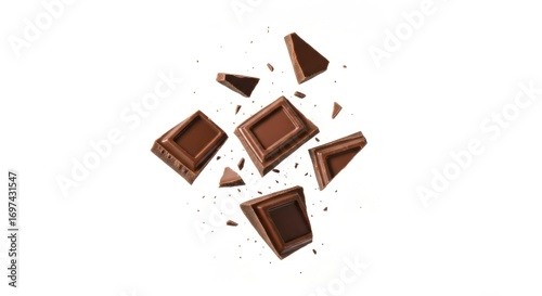 Scattered chocolate squares, chunks, and bits hover on a crisp, white background