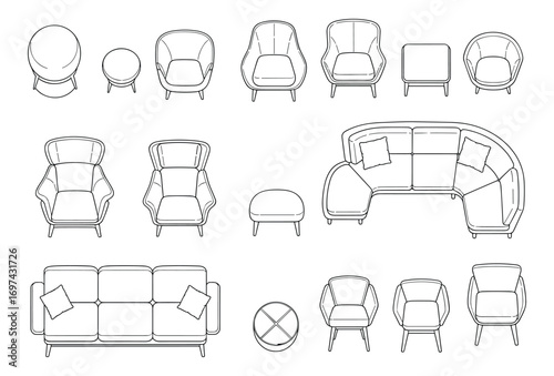 Furniture Arrangement Plan, Sofa, Armchairs, Table, Top View, Interior Elements, Vector Illustration