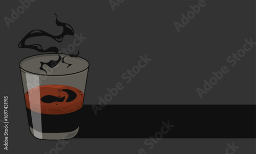 cup of espresso coffee with crema and black steam on a dark background. design, poster, invitation card. vector illustration.