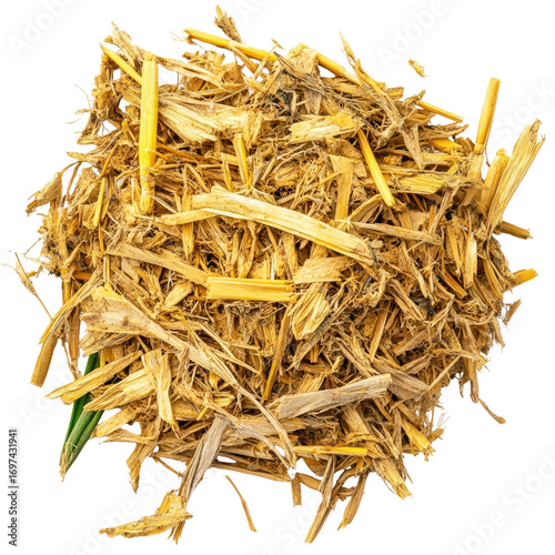 A close-up top-down view of a pile of chopped straw.  The straw is light golden-yellow, and the pieces vary in length and thickness.  Some pieces show a darker, natural straw color