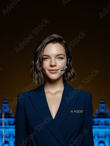 A confident woman in a suit with a headset, illuminated by a blue background, exudes professionalism and approachability as an AI agent.
