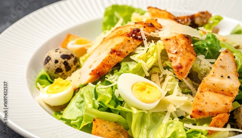 A delectable Caesar salad, featuring grilled chicken, quail eggs, and croutons, presented beautifully on a white plate.