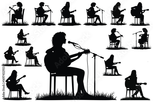 Multiple silhouettes of women playing acoustic guitar and singing