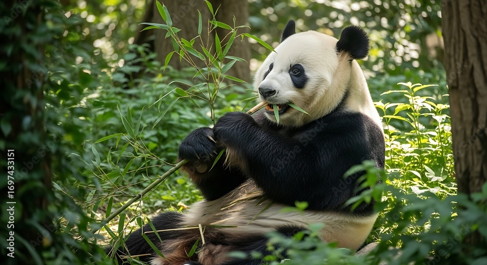 Fototapeta premium Sitting Panda Eating Bamboo in Lush Green Forest