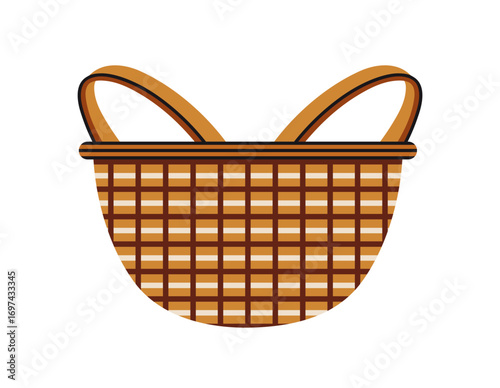 Empty wicker basket vector illustration. Eco container made of wood, straw or rattan. Hand drawn clipart isolated on white. Homemade basket for storing harvest, food, picnic, shopping. Cartoon doodle