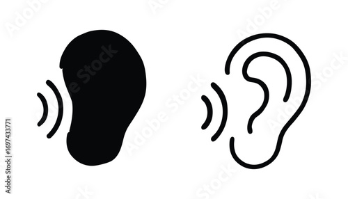 Hearing Ear Icons Listening Concept Sound Waves Communication Black and White Vector Illustration