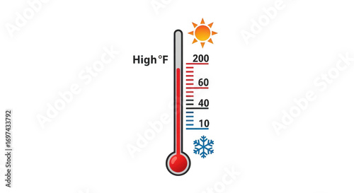 A thermometer shows a high temperature with a sun icon and a low temperature with a snowflake icon, isolated on transparent background