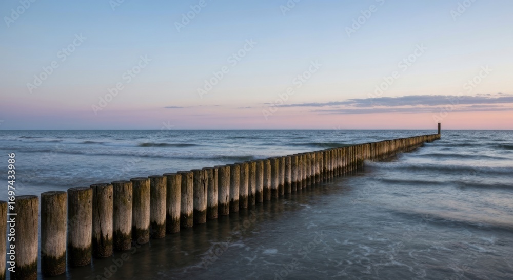 Wooden breakwater stretches into the sea during a soft sunset sky Wooden breakwater stretches into the sea during a soft sunset sky