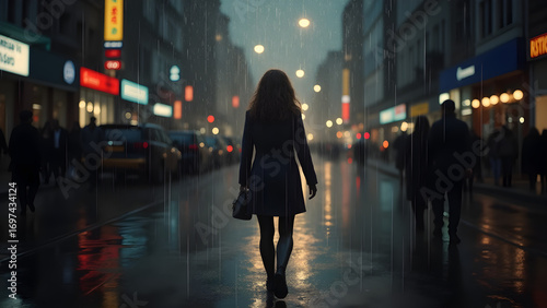 A stylish young woman with a smile walks along a busy city street at night