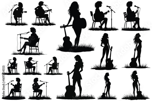 Silhouette women playing guitar and singing with microphones