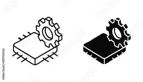 Isometric Processor with Gear, Black and White Style Vector Illustration