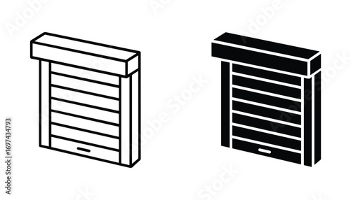 Isometric Rolling Shutter Door Icon, Closed Doorway, Outline and Solid Style Vector Illustration