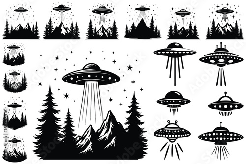 Black and white U F Os over mountains and forests flying saucer
