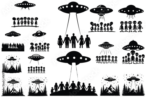 Black and white U F Os and aliens collection flying saucer