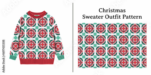 Discover the festive charm of this Christmas sweater outfit pattern featuring a unique geometric design in red and green.