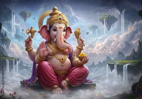 Colorful Lord Ganesha Statue Sitting in Mystical Mountain Landscape with Waterfalls and Night Sky