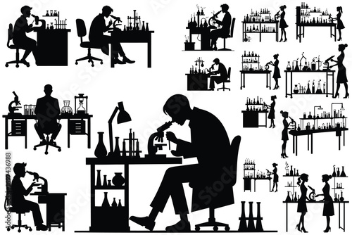 Black silhouettes of scientists in laboratory settings