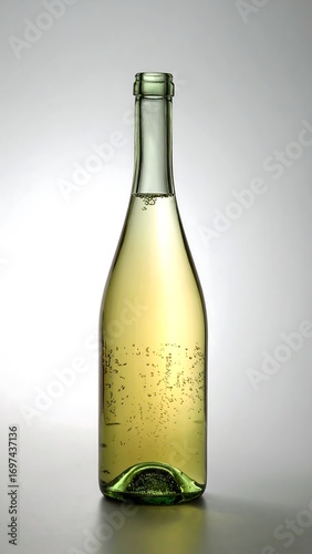 Elegant wine bottle, pale yellow liquid, and subtle etched design, against a neutral background, showcasing a simple yet sophisticated presentation.