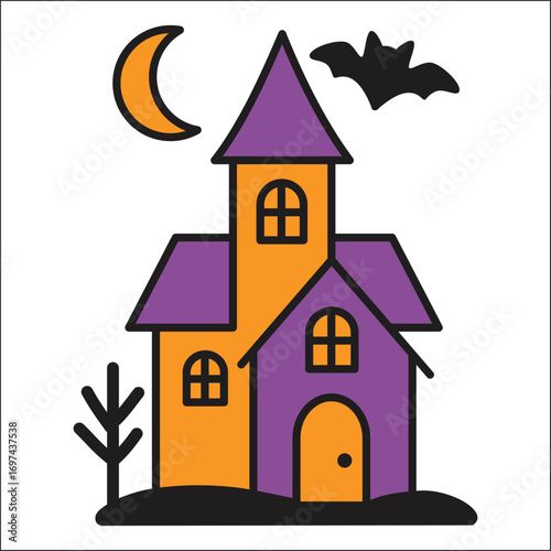 Whimsical haunted house with moon and bat a spooky halloween scene