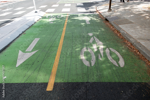 Painted Bike Lane with Arrow on City Street - Urban street with clearly marked bicycle lane and directional arrow, promoting safe cycling in the city.
