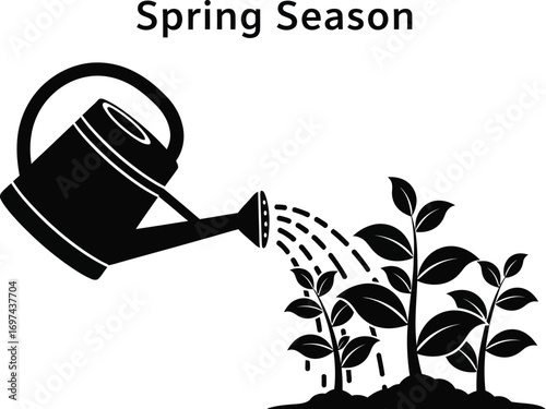 Watering can irrigates young plants for spring season gardening and growing concept illustration