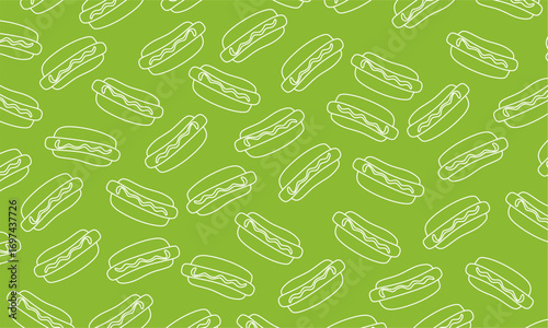 Hotdog Doodle Seamless Pattern. Outline Fast Food background. Perfect for fast food design, menu, wrapping, and textile prints.