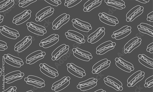 Seamless pattern with hotdog sandwich icons in simple line style. Hotdog Sandwich Icon Seamless Pattern