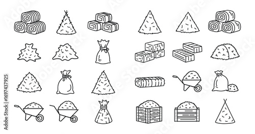 Outline Hay Bale Set, Various Forms, Vector Illustration. Farm Haystack Collection.