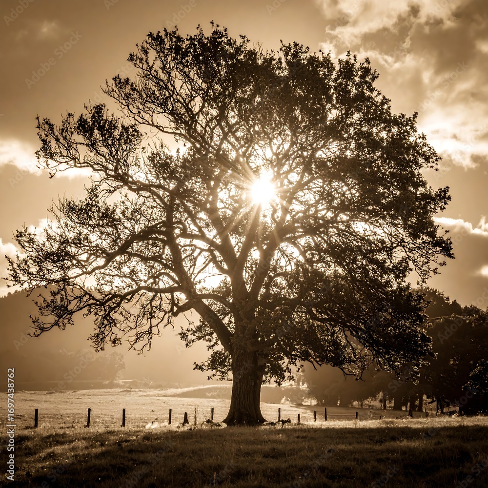 Naklejka premium Sepia-toned tree in field