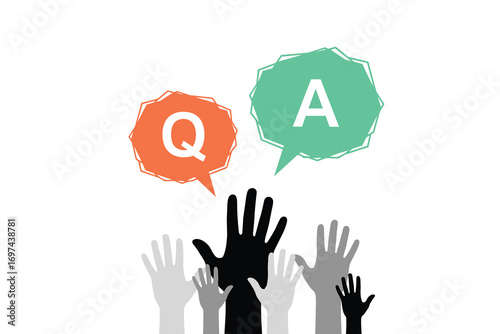 Q and A Speech Bubbles with Raised Hands, Flat Design Style, Vector Illustration