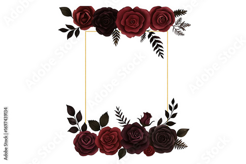 Floral border made in vintage Victorian goth style. Watercolor burgundy, red, maroon, and black roses frame with space for text