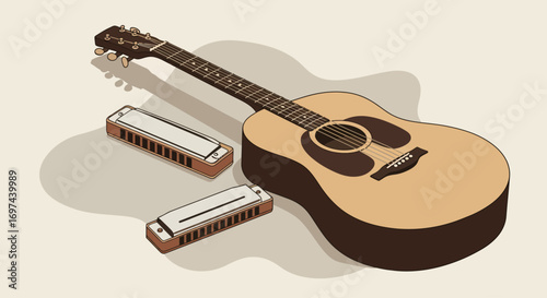 A warm flat design vector illustration showcasing an acoustic guitar and a harmonica, representing folk or blues music and unplugged performances.